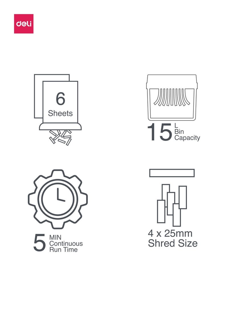 Deli ET001 P4 Cross-Cut Paper Shredder, 6-Sheet Capacity, 15L Bin, Quiet Mini Office Shredding Machine - Image 2